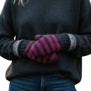 Striped Mohair Wool Knit Mittens Dark Grey Magenta Pink Lined Fold Over Cuff